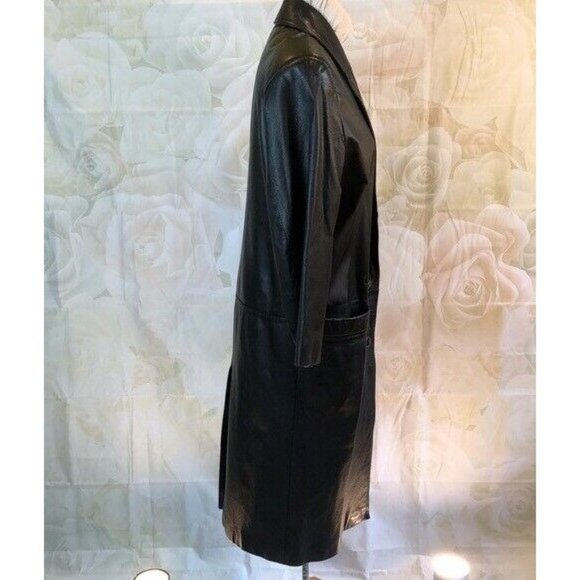Traditional Trends Long Over-sized Trench Coat Black Leather Button up Petite - Picture 3 of 9
